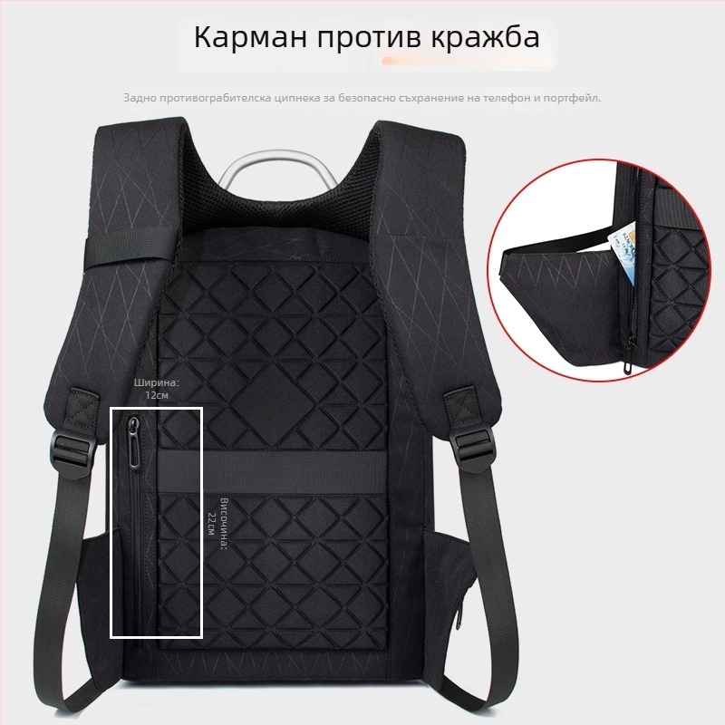 Раница с антикрадба, дишаща и водоустойчива, устойчива на износване материя; USB порт за зареждане; вътрешни джобове за лаптоп, таблет и ID карта