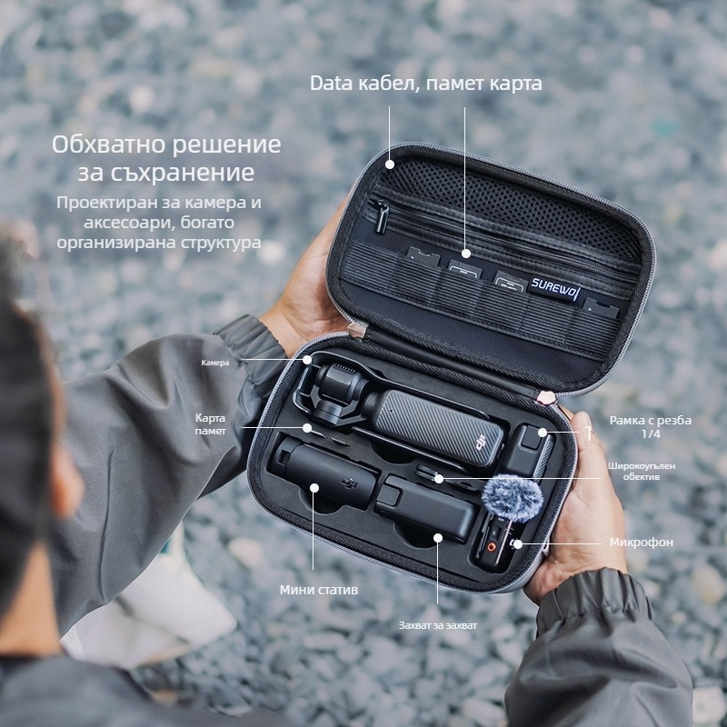 Surewo Водоустойчива чанта за съхранение за DJI Pocket3/2, със презрамка за рамо и ръчна дръжка, PU‑пяна подплата, тегло 280 г