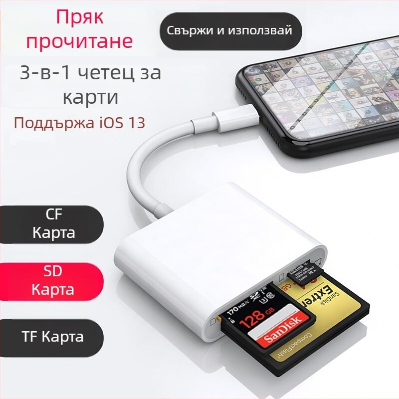 3-в-1 четец за CF/SD/TF карти за iOS устройства – високоскоростен външен четец, поддържа CF/SD/SDHC/TF и MicroSD