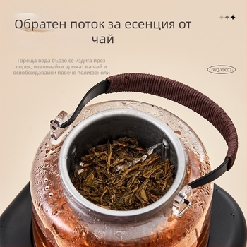 Електрическа чайна печка със стъклен котел, 1000–1500 W, обем под 1 л, 360° въртяща се база, функция за поддържане на топлина