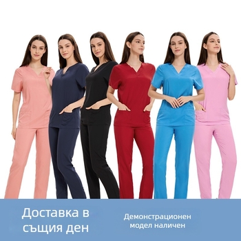 Унисекс медицински комплект за облекло — лек полиестер с еластан, влагоотвеждащ, V-образно деколте, къс ръкав топ и панталони, 95%+ полиестер, бързосъхнещ; подходящ за лято, пролет и есен.