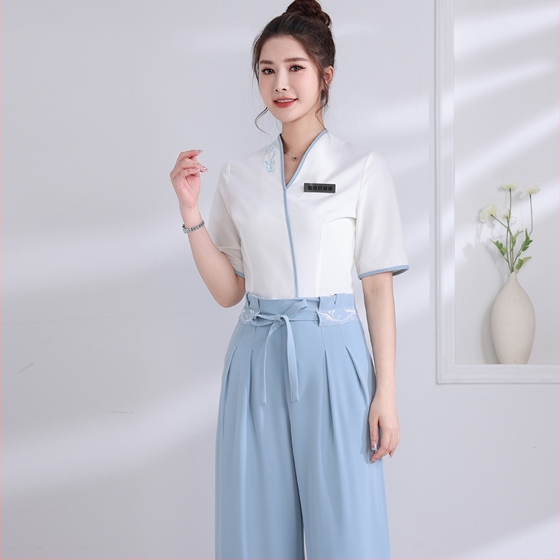 Комплект униформа за козметичка, влагоотвеждаща полиестерова материя, 75% полиестер съдържание, подходящ за всички сезони, модел JY-2073