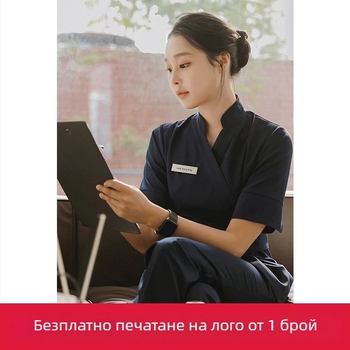 Женско работно облекло за салон за красота — сет топ и панталон, полиестер 97% + 3% еластан, влагоотводящо, V-образно деколте, 3/4 ръкави