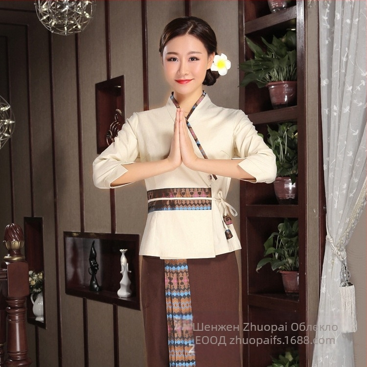 Униформа за козметичен специалист: 65% памук / 35% лен, влагоотводяща, топ с V-образно деколте, ръкав 3/4, костюм панталони и пола, подходящ за всички сезони