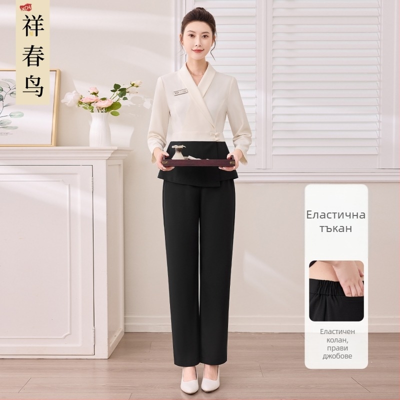 Униформа за женски салон за красота – дишаща материя, 95% полиестер със спандекс, есен-зима, разделен костюм, V-образна яка, дълги ръкави