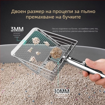 Метална лопатка за котешки пясък с фини дупки; за бентонит/тофу и минерален пясък; с механизъм напред-назад