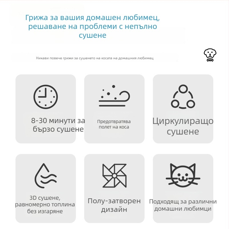 Чанта за сушене на домашни любимци с въздушно духане – за кучета и котки, модел 001, защита от прегряване, мощност под 1000W, общо предназначение