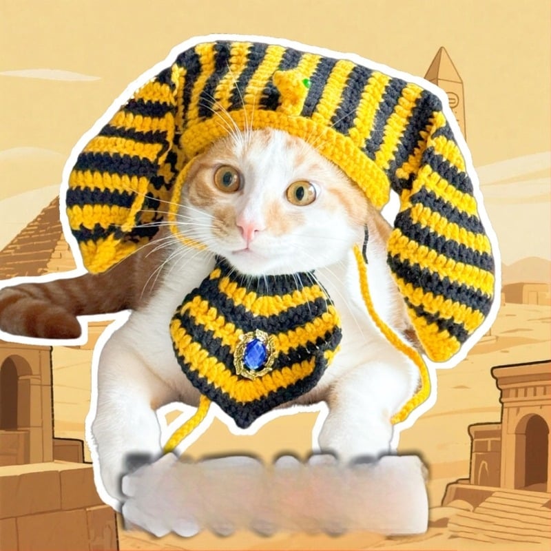Комплект шапка и престилка за домашни любимци за Хелоуин – Фараон от Древен Египет, вълнено плетиво, универсално приложение