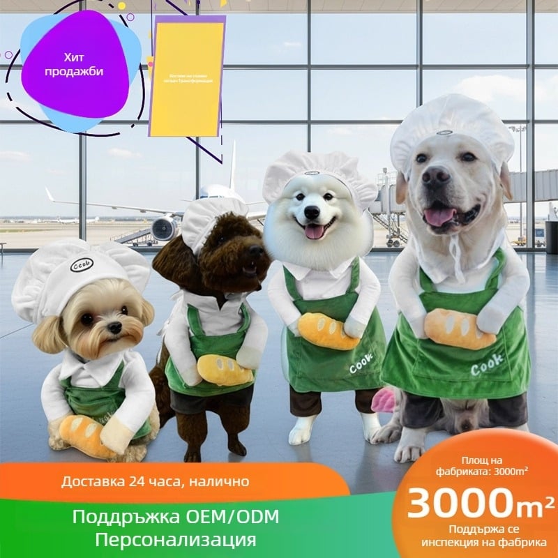 Комплект за трансформация на домашни любимци: готвач с бургер шапка, дрехи за кучета в размери S, M и L.