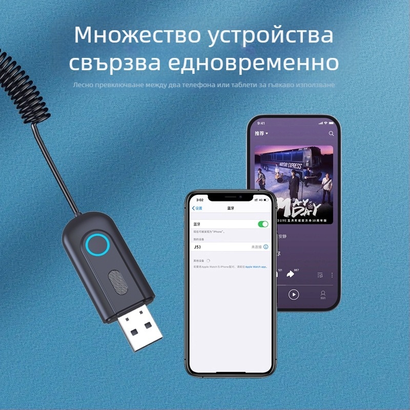 J53 Bluetooth приемник за автомобил, AUX USB аудио адаптер, Bluetooth 5.3, 2.4 GHz, 5V, 150 mA
