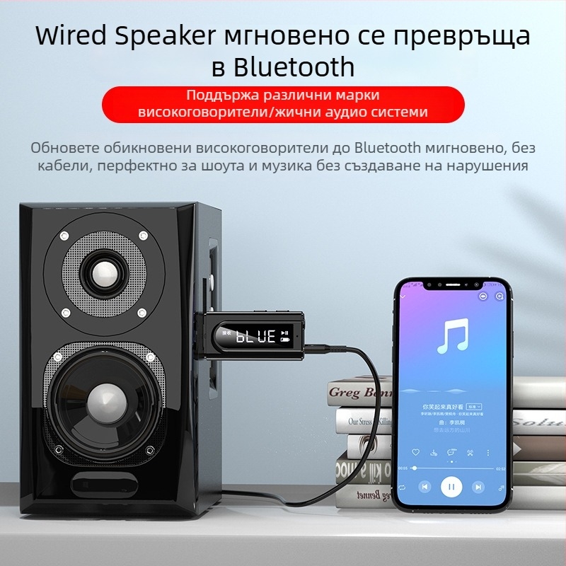 USB автомобилен FM Bluetooth приемник за MP3 възпроизвеждане и AUX изход, стерео предавател, Bluetooth 5.0, модел OMS-K9, USB‑AUX интерфейс, Plug‑and‑Play, външно захранване, 2400–2483.5 MHz