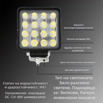 LED работна светлина за екскаватор и палетна количка - 48W, 12-80V, 2000 lm, 5000 ч, корпус от алуминий и PC, модел Y-F16