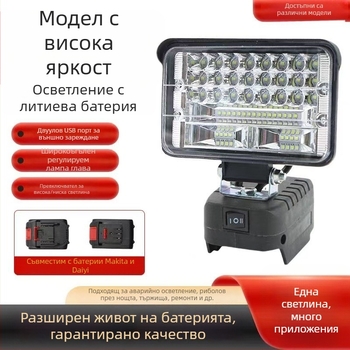 LED работна лампа за литиева батерия, съвместима с Dayi/Makita слот, 12–24V, IP55, 270° осветление