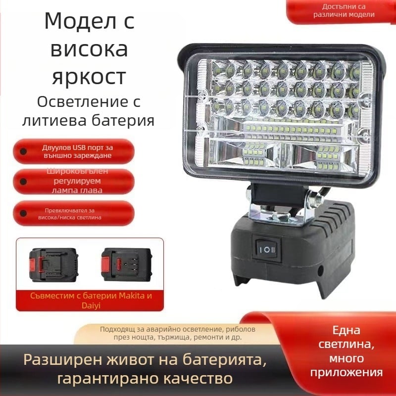LED работна лампа за литиева батерия, съвместима с Dayi/Makita слот, 12–24V, IP55, 270° осветление
