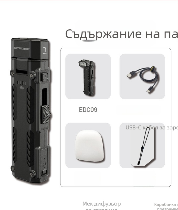 Фенер Knight Cole EDC09: многоцветна температура на светлината, директно зареждане, 1100 mAh, IPX-6, алуминиев корпус