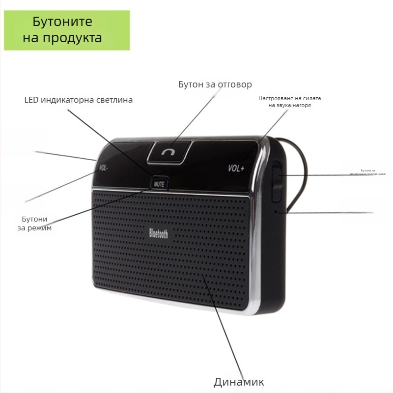 Bluetooth автомобилен hands-free LD168, монтаж в слънчев визьор, безжичен, вход 3.7V, Bluetooth изход