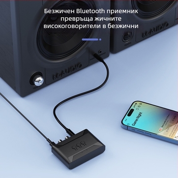 Bluetooth музикален приемник за автомобил, hands-free разговори, USB музика; версия 5.4, интерфейси: 3.5 mm, RCA и USB, plug‑and‑play, външно захранване, обхват до 5 м