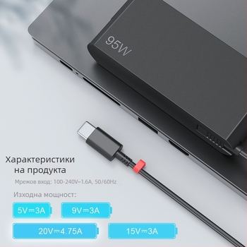 VERCOM A1762 USB-C 95W зарядно за лаптопи Lenovo, 20V/4.75A, вход 100-240V