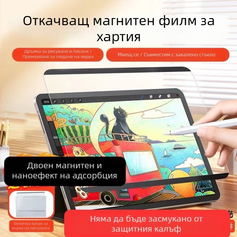 iPad магнитен разглобяем протектор за екран – PET филм, матов, антиотпечатък, хартия-подобна повърхност, електростатично прилепване