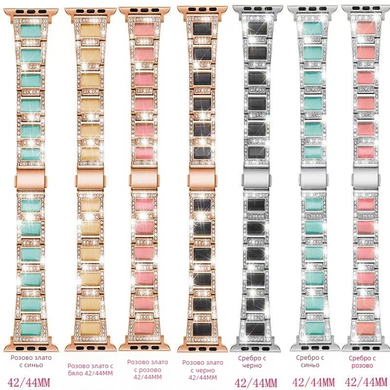 Метален каиш за Apple Watch от неръждаема стомана с каменни акценти, съвместим с Apple Watch Series 11 / iWatch89 Gen — модерен стил