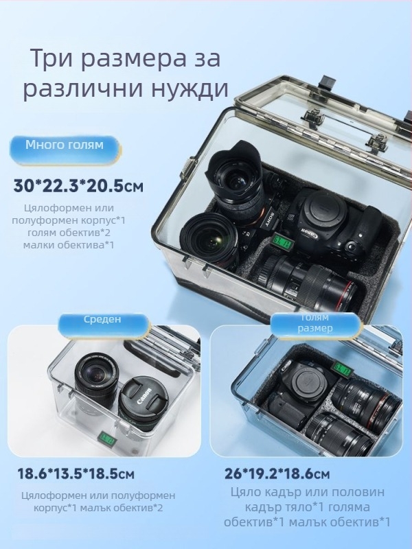 Кутия за обезвлажняване на камерата за DSLR и цифрова техника – сушене, защита срещу мухъл, запечатано съхранение на обективи