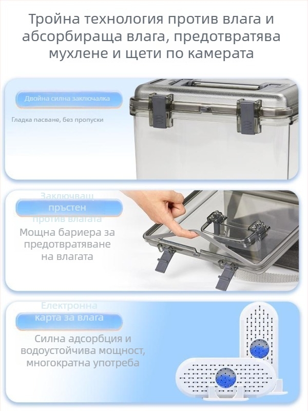 Кутия за обезвлажняване на камерата за DSLR и цифрова техника – сушене, защита срещу мухъл, запечатано съхранение на обективи