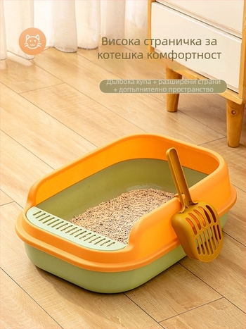 Котешка тоалетна тава със полузатворен дизайн, открит горен ръб и антипръскваща пластмасова конструкция