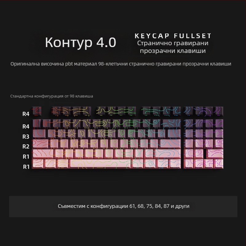 Странично гравирани полупрозрачни капачки за клавиши за клавиатури със 61/68/75/84/87 клавиши; без подсветка; не водоустойчиви