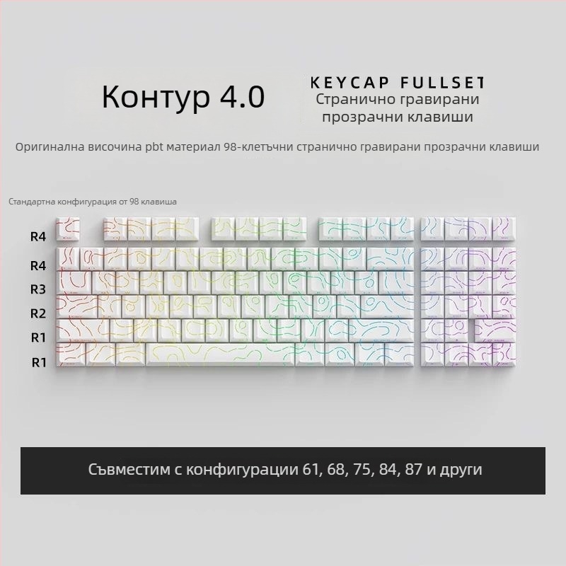 Странично гравирани полупрозрачни капачки за клавиши за клавиатури със 61/68/75/84/87 клавиши; без подсветка; не водоустойчиви