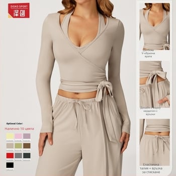 Йога комплект за жени без ръкави с широки панталони, пуловер стил; 90% полиестер, 10% спандекс; южнокорейска коприна с текстура на четкане