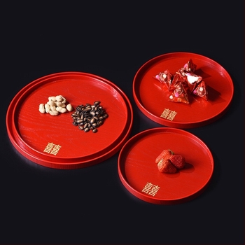 Дървена кръгла тава – повърхност с червен глазур, едноцветен дизайн, печатано лого, нов китайски стил