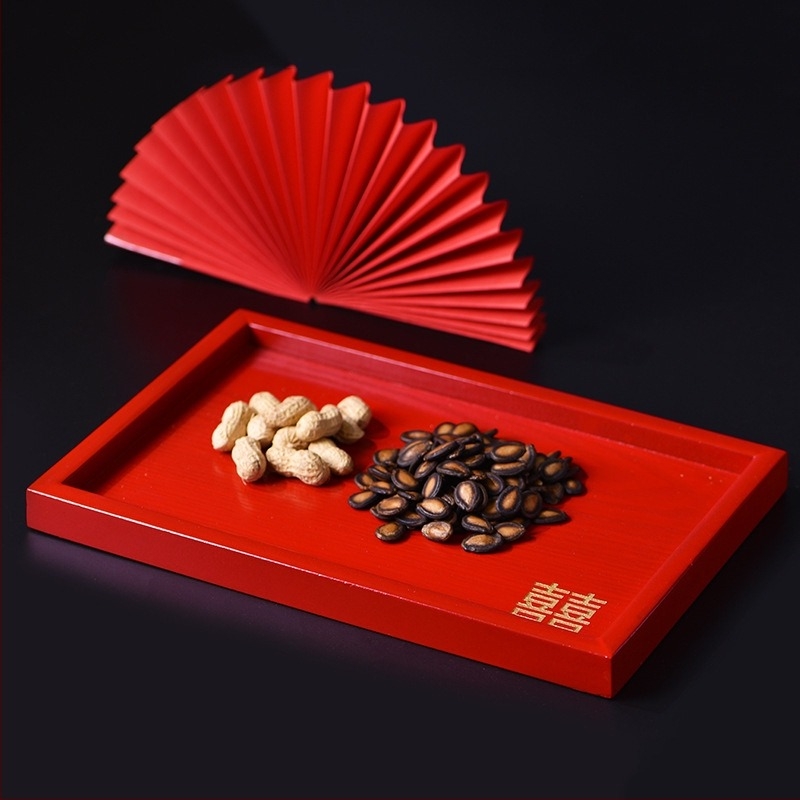 Дървена кръгла тава – повърхност с червен глазур, едноцветен дизайн, печатано лого, нов китайски стил