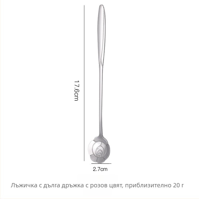 Лъжица с дълга дръжка и мотив цветя (черешово цветче), неръждаема стомана 410, огледално полирана, марка Little Old Man