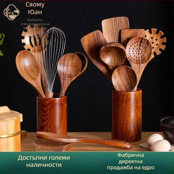 Комплект лъжица и шпатула от акациево дърво за незалепващи тигани, термоустойчив, защита срещу изгаряния, дизайн с кука, дървени дръжки