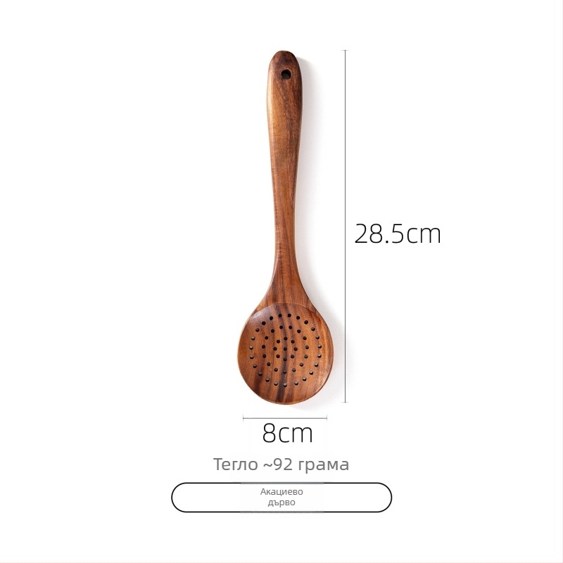 Комплект лъжица и шпатула от акациево дърво за незалепващи тигани, термоустойчив, защита срещу изгаряния, дизайн с кука, дървени дръжки