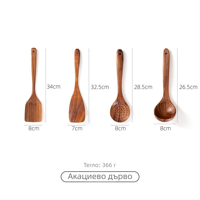 Комплект лъжица и шпатула от акациево дърво за незалепващи тигани, термоустойчив, защита срещу изгаряния, дизайн с кука, дървени дръжки