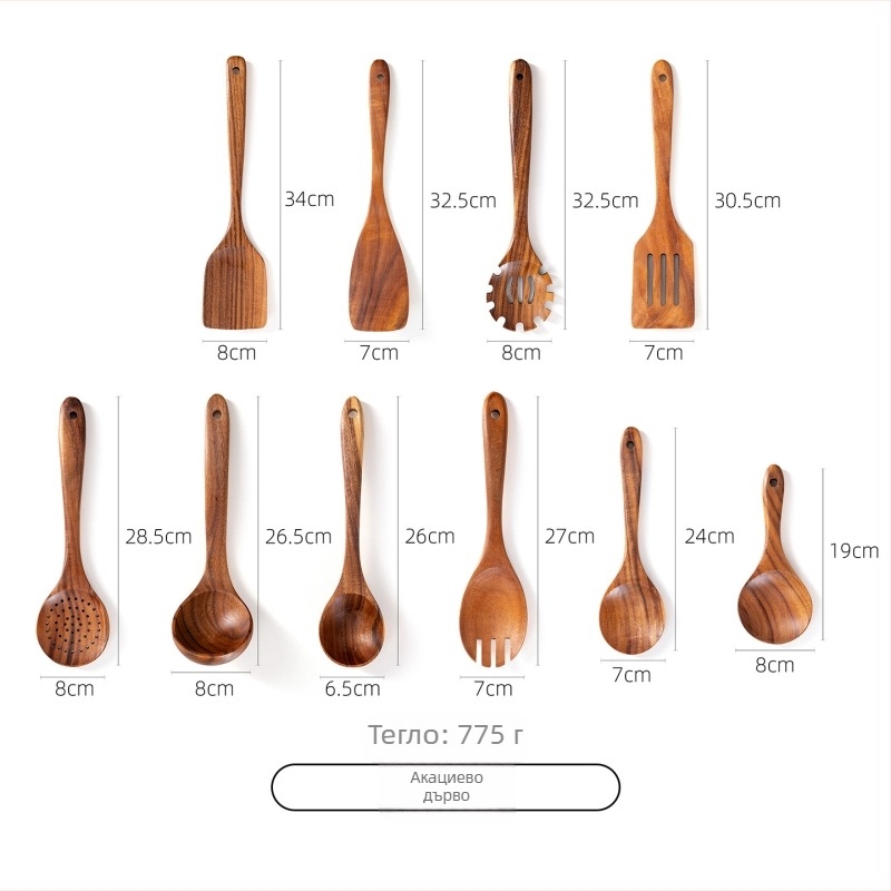 Комплект лъжица и шпатула от акациево дърво за незалепващи тигани, термоустойчив, защита срещу изгаряния, дизайн с кука, дървени дръжки
