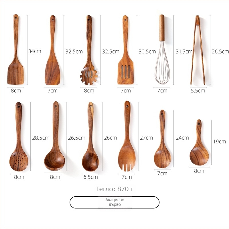 Комплект лъжица и шпатула от акациево дърво за незалепващи тигани, термоустойчив, защита срещу изгаряния, дизайн с кука, дървени дръжки