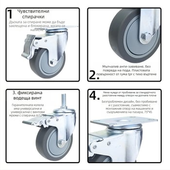 Универсално колело за колички с плоска монтажна плоча, безшумен насочващ въртящ се механизъм и спирачка, гума TPR