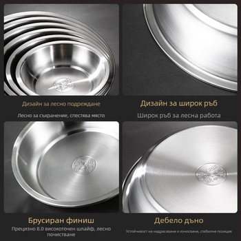 316L неръждаема стомана – чиния за хранене, кръгла, хранителен клас, сатенено полирана повърхност, едноцветен дизайн