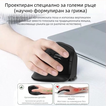 Вертикална ергономична безжична мишка с безжично зареждане, три режима Bluetooth/2.4G, 1600dpi, 6 бутона
