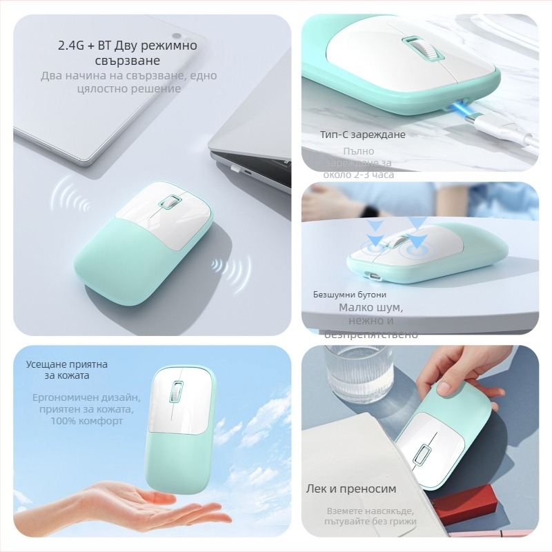 Безжична мишка за компютър с 2.4G+Bluetooth свързване, 1600 DPI, USB интерфейс, ергономичен дизайн, обхват до 10 м