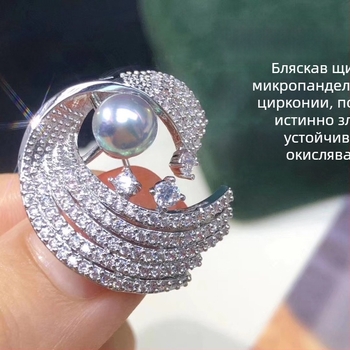 Брошка от мед, корейски стил, модел цвете, с позлатени инкрустирани изкуствени камъни