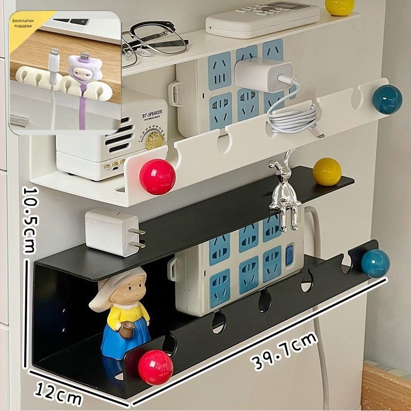 Стенно монтиран държач за разклонител и организатор за кабели под бюрото — модерен минималистичен дизайн