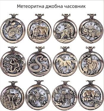 Карманен часовник с ретро флип дизай ер, дванадесет зодии на циферблата, кварцов двигател SL68, корпус от сплав, органично стъкло и верижно колие