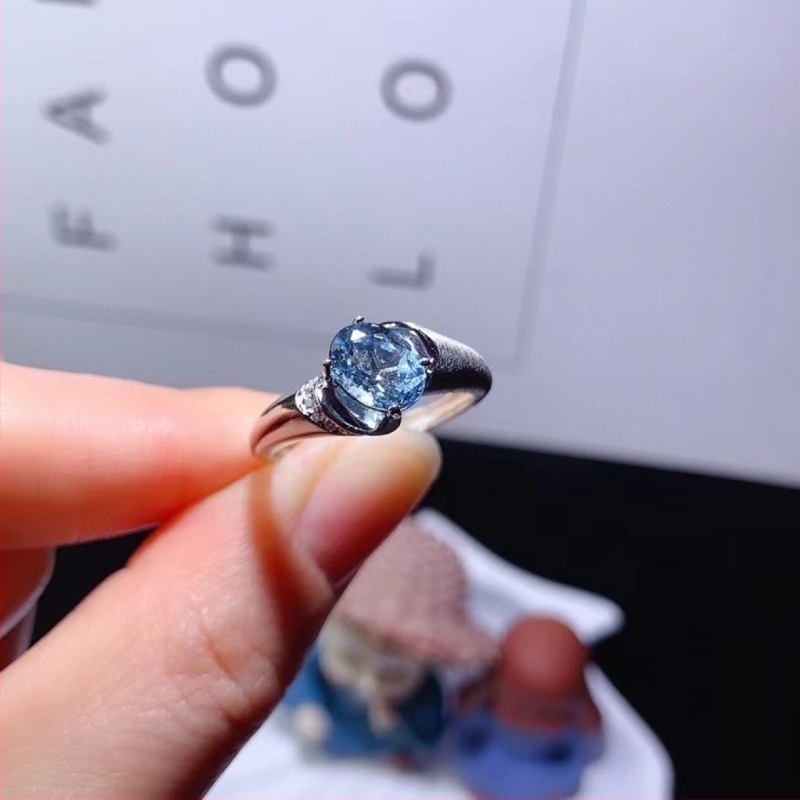 Пръстен от 925-сребро с морски сапфир, унисекс стил, минималистичен, открит и регулируем