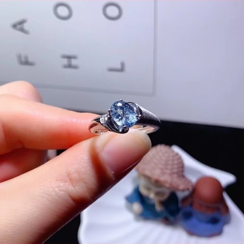 Пръстен от 925-сребро с морски сапфир, унисекс стил, минималистичен, открит и регулируем