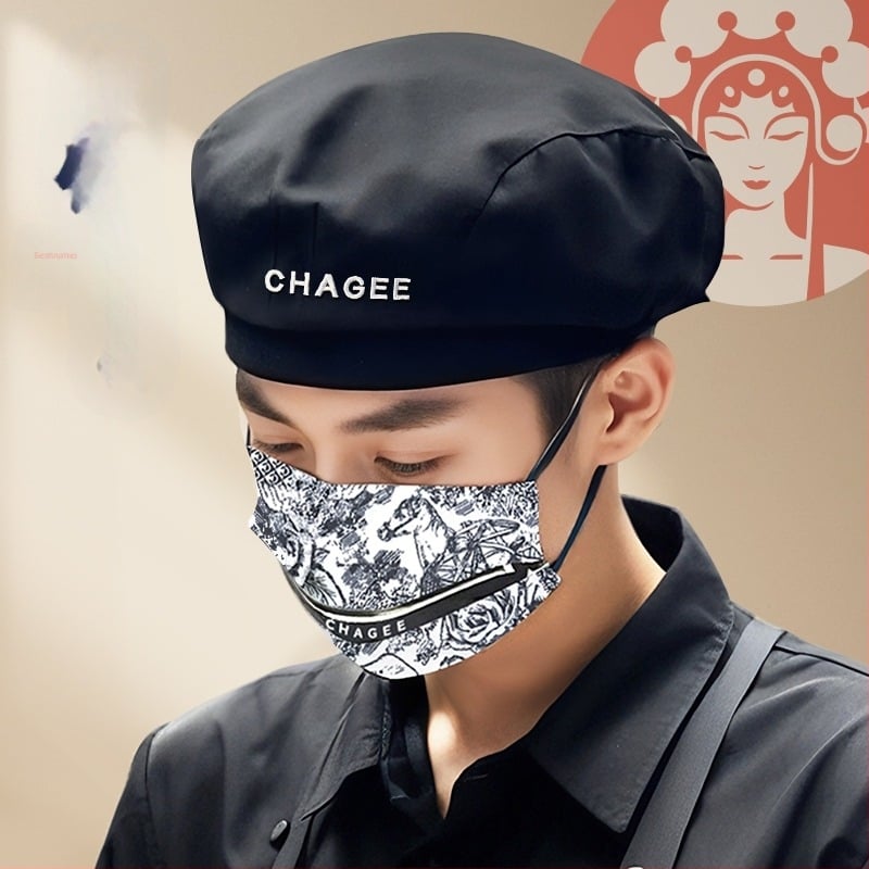 Готварска шапка-берет за кетъринг – памук, унисекс, плосък връх, къса козирка, бродерия, лято 2025