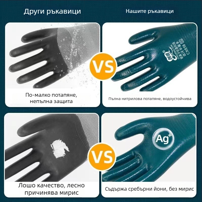 Работни ръкавици с нитрилно покритие, износоустойчиви, водоустойчиви и маслоустойчиви, пълно гумено покритие