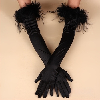 Дамски дълги сатенени ръкавици с пера на маншета, тема Хелоуин 1920‑те